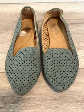 women's teal laser-cut pointed slip-on flats by White Mt.